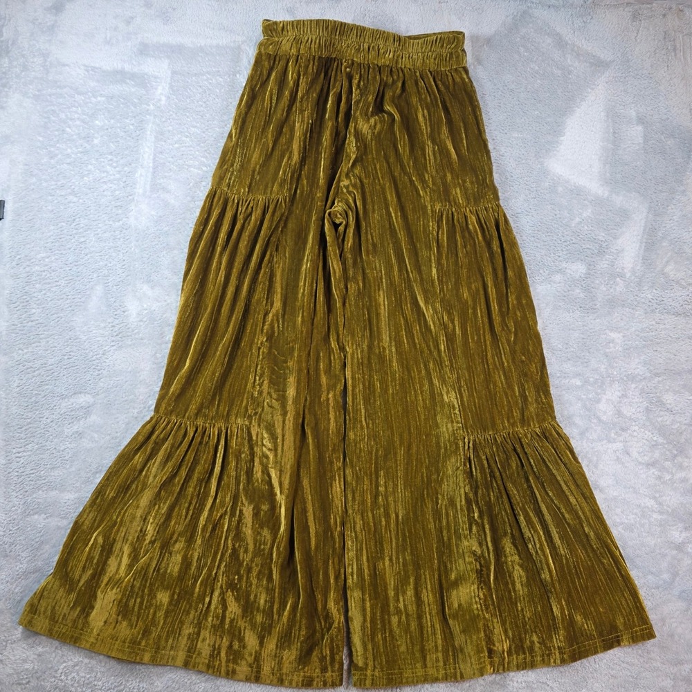 Natural Life Crushed Velvet Tiered Wide Leg Pants Chartreuse Gold Small Womens - Picture 2 of 10